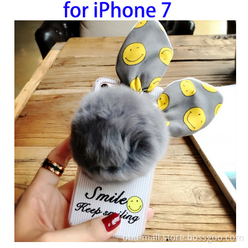 Smile Pattern Rabbit Ears Fur Ball Soft TPU Back Case for iPhone 7 Accessory